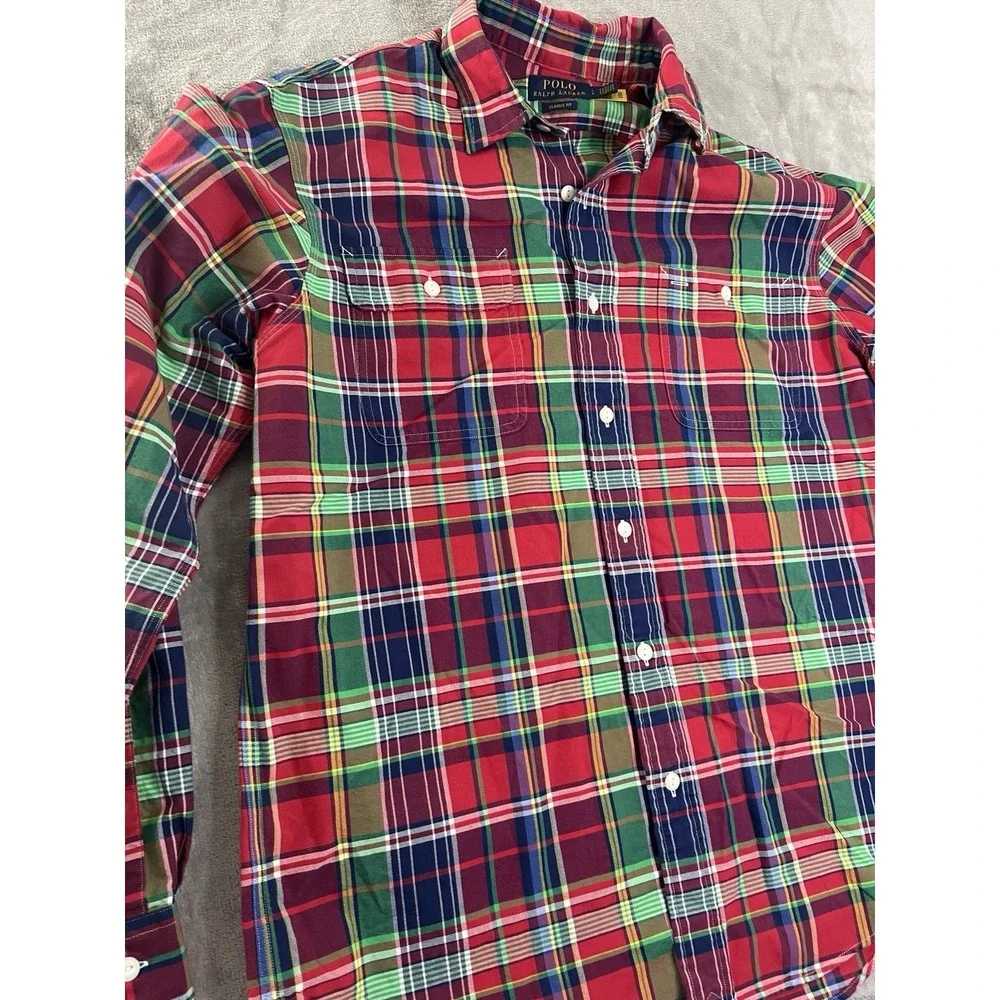 Polo Ralph Lauren Mens Shirt Large Red Green Plaid Button Front